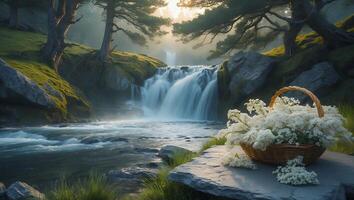 Waterfall Cascade and Flower Basket in Scenic Nature Landscape photo