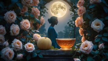 Woman Gazing at the Moon in Rose Garden with Autumn Items photo