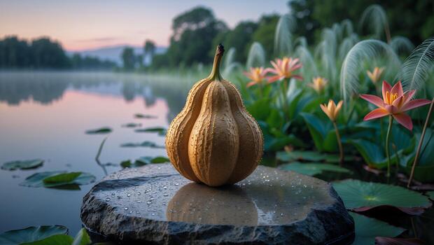 Gourd Resting on Stone Slab by Lake with Lily Pads photo