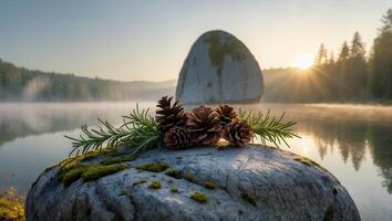 Pine Cones and Evergreen Sprigs on Rock Overlooking Misty Lake Sunrise photo