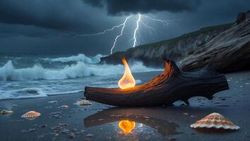 Fire on Driftwood at Stormy Beach with Lightning and Waves photo