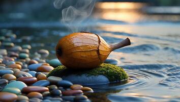 Smoking Orange Fruit on Mossy Rock by Water at Sunset photo