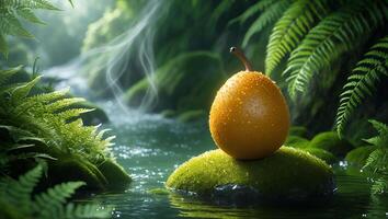 Isolated Fruit on Mossy Rock in Stream Surrounded by Ferns photo