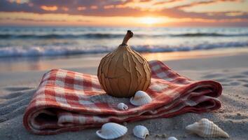 Beach Still Life with Seashells, Woven Object, and Sunset photo
