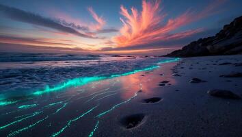 Glowing Ocean Wave Washing Onto Sandy Beach at Twilight with Vibrant Sky photo