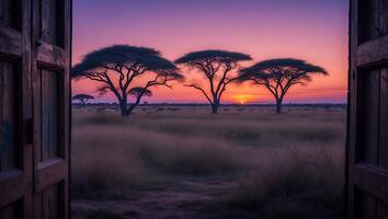 Open Door View of Savannah Landscape with Trees at Sunset photo
