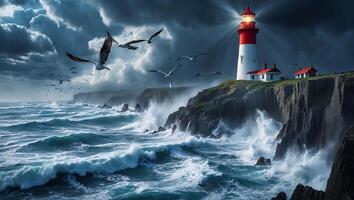 Lighthouse Standing Tall on Rocky Coastline with Birds Flying and Stormy Sea photo
