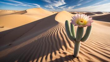 Cactus Blooming in Desert Landscape with Sand Dunes and Sky photo