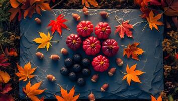 Autumn Harvest Display Red Pumpkins Dark Berries and Colorful Maple Leaves photo
