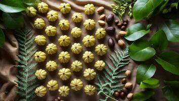 Arrangement of Tropical Fruits and Nuts with Greenery on Fabric photo