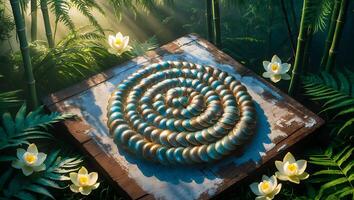 Arranged Disks in Swirl with Water Lilies on Rustic Platform photo
