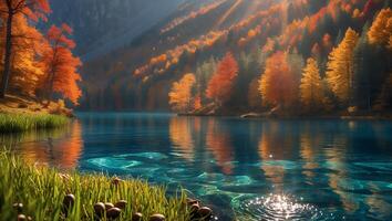 Calm Autumn Lake Reflection with Forest Trees and Bright Sunlight photo