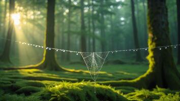 A spider web in the forest with sunlight shining through photo