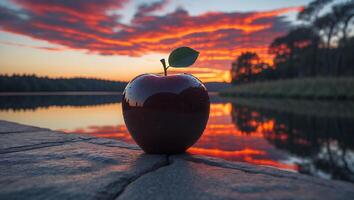 Red Apple on Stone Ledge Reflecting Colorful Sunset Over Lake photo