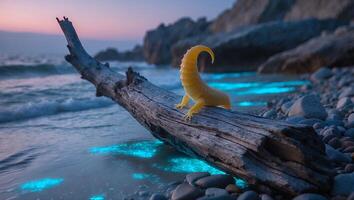 Creature Resting on Log Near Glowing Water at Rocky Beach Sunset photo