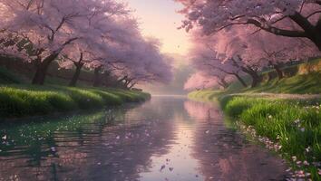 Tranquil River Scene with Cherry Blossoms Reflecting in Water photo