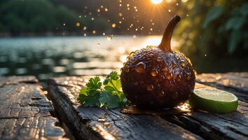 Dark Round Fruit with Water Droplets on Wooden Surface at Sunset photo