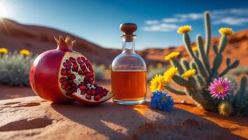 Pomegranate and Elixir Bottle in Desert Landscape with Flowers photo