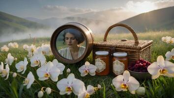 Woman Reflection in Mirror with Picnic Basket on Grassy Meadow photo