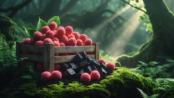 Ripe Raspberries in Wooden Crate with Dark Objects in Forest photo