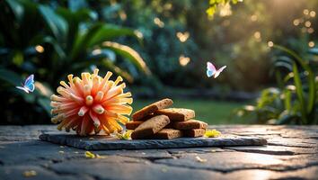 Cookies and a Flower on Slate Slab with Butterfly in Nature photo