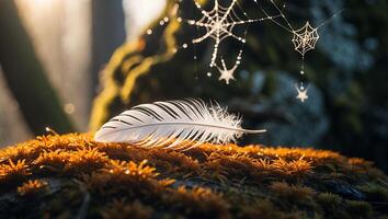 White Feather Resting on Mossy Forest Floor with Spiderwebs photo