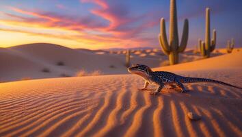 Lizard Walking on Desert Sand Dune at Sunset with Cactus Scenery photo