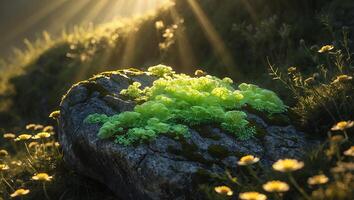 Green Plant Growing on Rock with Sunlight and Wildflowers Around photo
