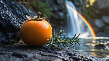 Orange Fruit and Rosemary by Waterfall with Rainbow in Background photo