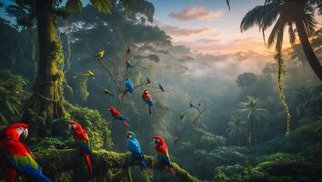 Colorful Macaws in Tropical Jungle Habitat with Mist and Sunlight photo