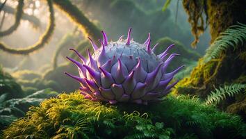 Exotic Plant Resting on Mossy Ground in a Lush Forest photo