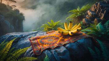 Bananas on Blanket Overlooking Jungle Mountain Valley with Misty Horizon photo