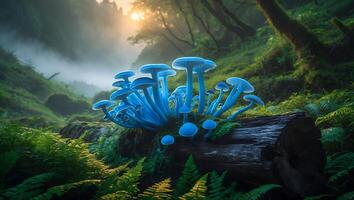 Glowing Mushrooms Growing on Fallen Log in Lush Foggy Forest photo