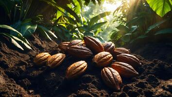 Harvested Cacao Pods Resting on Soil in a Lush Forest Setting photo