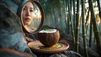 Woman's Reflection in Mirror Next to Coconut in Bamboo Forest photo