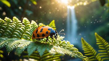 Ladybug on Fern Leaf with Waterfall in Background Sparkling Sunlight photo