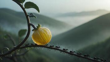 Ants Carrying Fruit Slice Across a Branch with Mountain Backdrop photo