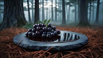 Dark Berries on Slate with Reflection in Misty Forest Setting photo
