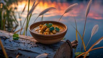 Serving Soup on Log with Water Background at Sunset Light photo