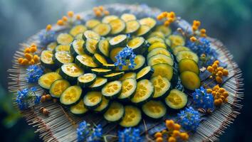 Arrangement of Cucumber Slices with Small Flowers on Woven Surface photo