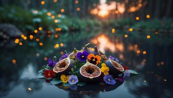 Floating Figs and Flowers in a Peaceful Pond at Sunset photo