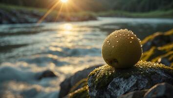Apple with Water Droplets on Mossy Rock Beside Rushing River photo