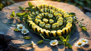 Arranging Sliced Cucumber Spiral with Mint and Daisies on Stone photo
