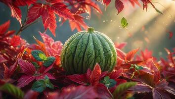 Gourd in Autumn Leaves with Mint and Water Droplets Sparkle photo