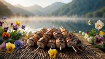 Grilled Food on Skewers Near Lake with Flowers Peaceful Scene photo