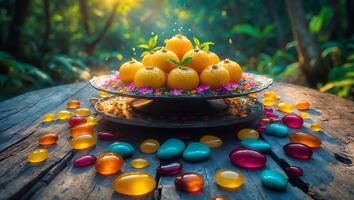 Orange Sweets on Silver Tray with Colorful Stones in Nature photo