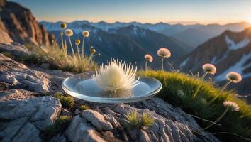 Flower on Glass Plate at Mountain Peak with Scenic View photo