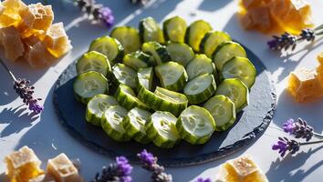 Arrangement of Cucumber Slices with Lavender and Honeycomb Pieces photo