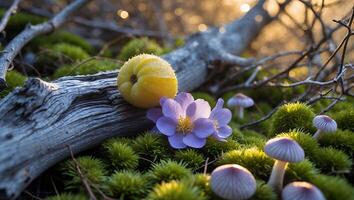 Yellow Fruit with Flower on Mossy Ground with Mushroom Growth photo