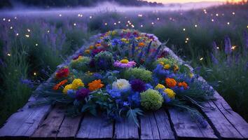 Vibrant Flower Arrangement on Wooden Path in Dreamy Evening Meadow photo
